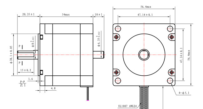 57×57×54mm Dual Shaft Stepper Motor dimensions diagram